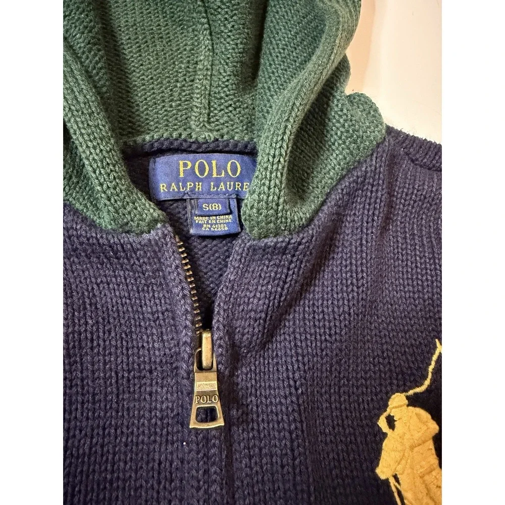 Polo Ralph Lauren Kids Big Pony Full Zip Knit Hoodie Navy Green Size Small 8